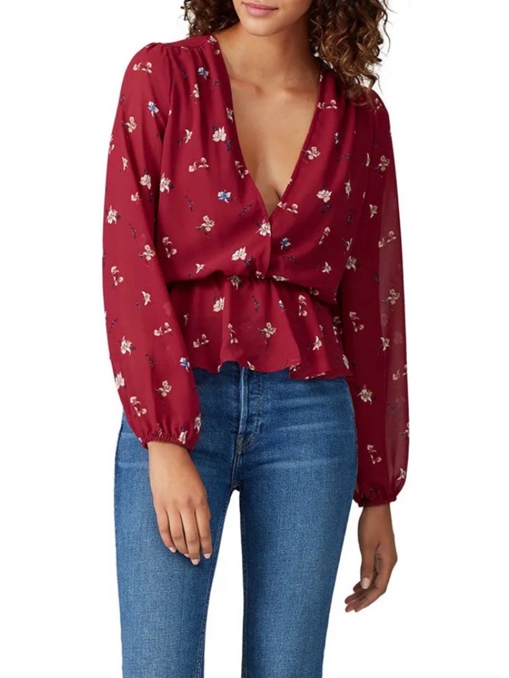 🌸 4 for $30 Slate & Willow Floral Woven Surplice Floral Peplum Blouse - Burgundy